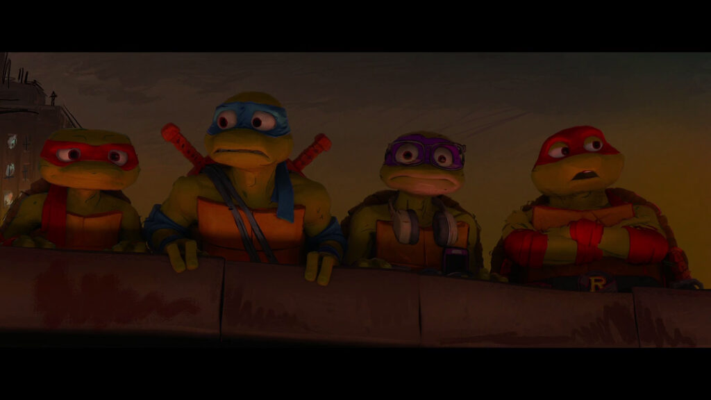 teenage-mutant-ninja-turtles-mayhem-2023-standing-on-roof-looking-worried-raphael-leonardo-donatelly-michaelangelo